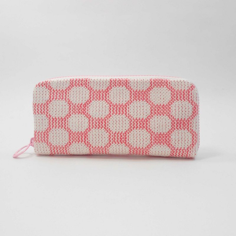 手织布 长夹10-浅玫红x米白圆 - 皮夹/钱包 - 棉．麻 粉红色