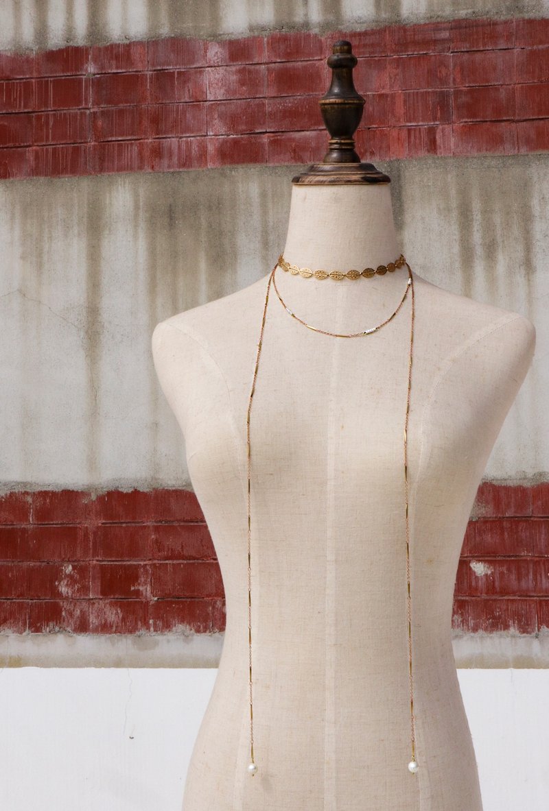 圆氐  古典镂空  蕾丝花边珍珠三层长Y颈链 - 项链 - 铜/黄铜 金色