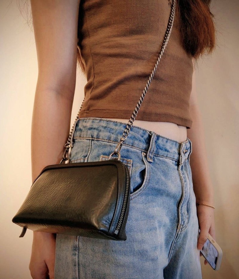 贝壳包/链条包/侧背小包/随身小包/小背包/ 意大利协会认证植鞣革 - 侧背包/斜挎包 - 真皮 黑色