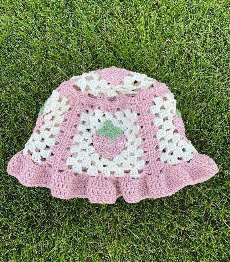 钩针夏日帽，纯棉草莓帽，钩针奶奶方块帽 - 帽子 - 棉．麻 多色