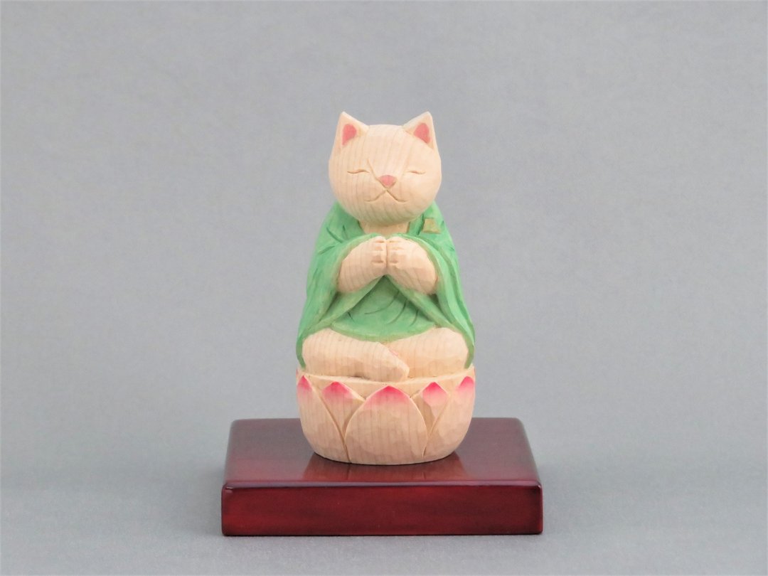 Wood carving Cat Buddha 1904 - 玩偶/公仔 - 木头 绿色