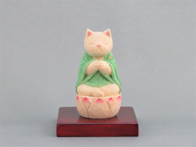 Wood carving Cat Buddha 1904 - 玩偶/公仔 - 木头 绿色