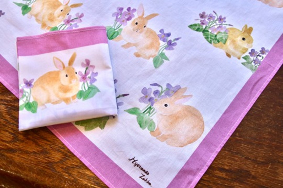 Large handkerchief with violet and rabbit - 手帕/方巾 - 棉 紫色