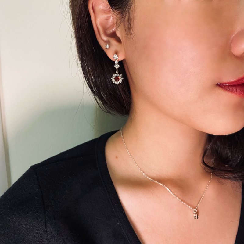 法式微醺 | 雪花红之惑 | 天然宝石 925纯银耳环 - 耳环/耳夹 - 半宝石 红色