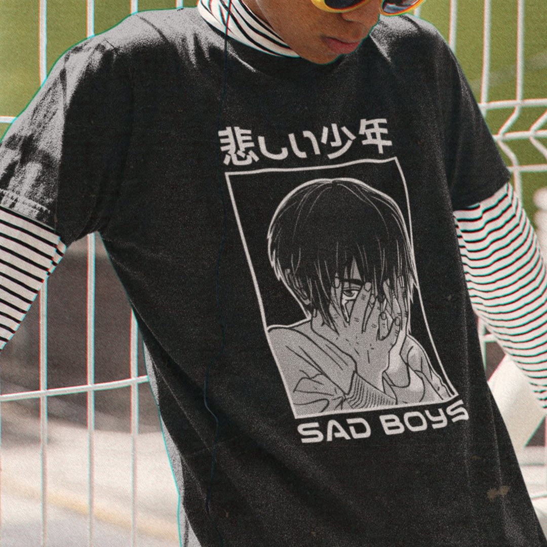 Japanese Sad Anime Boy 100% Cotton Unisex T-Shirt - 男装衬衫 - 棉 多色
