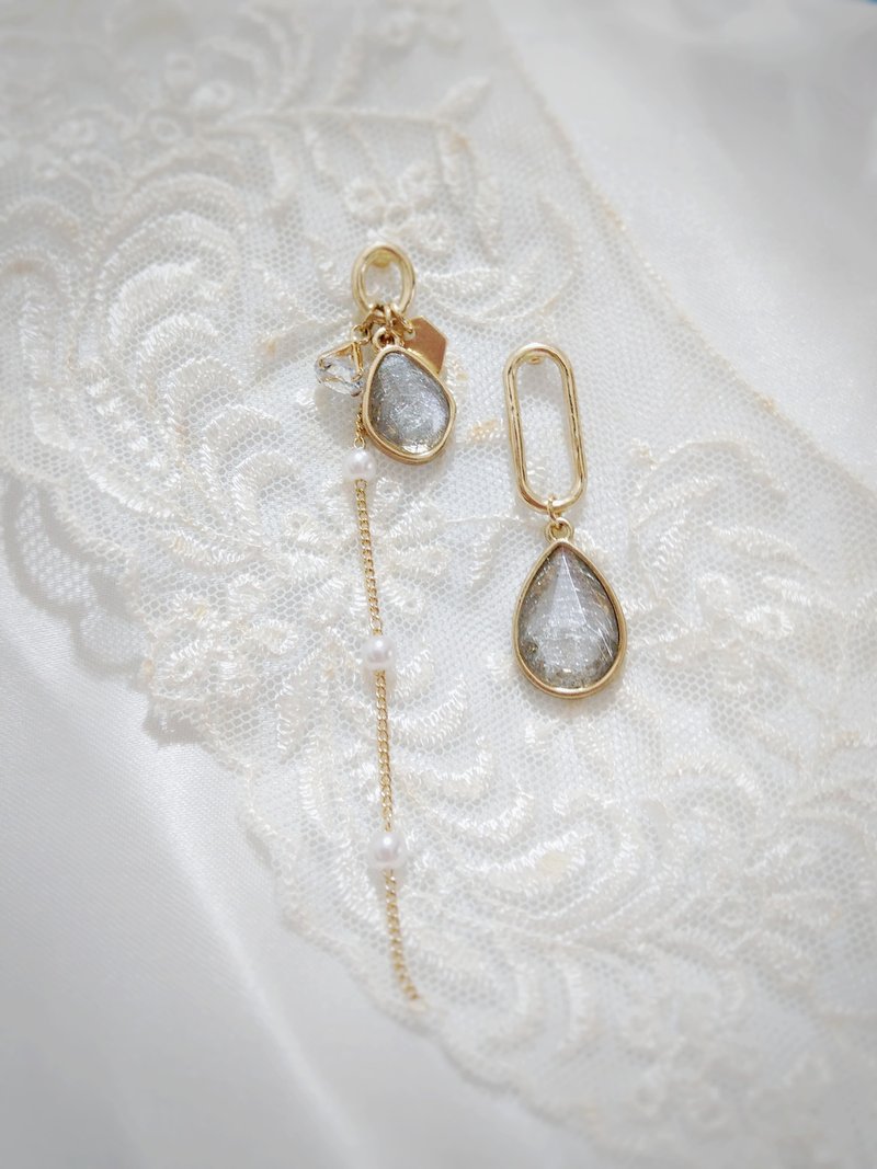 精灵之泪 耳环 耳饰 饰品 银 S925 金 日系 气质 水滴 银丝 水晶 - 耳环/耳夹 - 银 