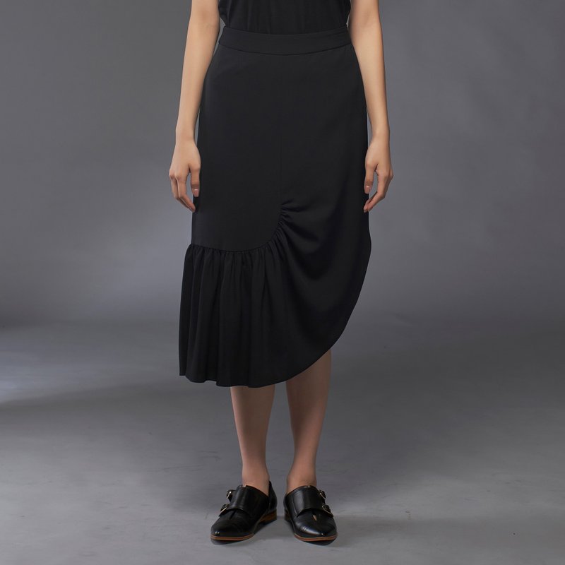 黑色开岔不对称抽折及膝裙-日本制布料 - 裙子 - 聚酯纤维 黑色