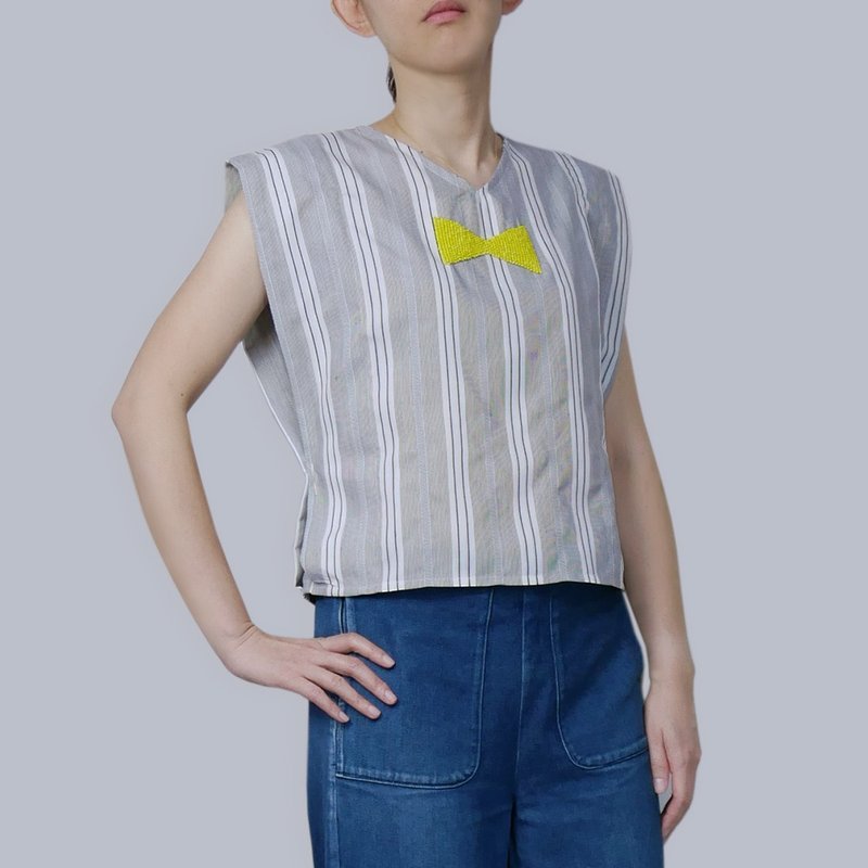 直条细棉绣珠盖袖背心 - 女装背心 - 棉．麻 多色