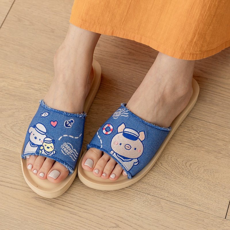 Paidal xBreadtree面包树海洋水手牛仔抽须厚底一片式气垫拖鞋-蓝 - 拖鞋 - 人造皮革 蓝色