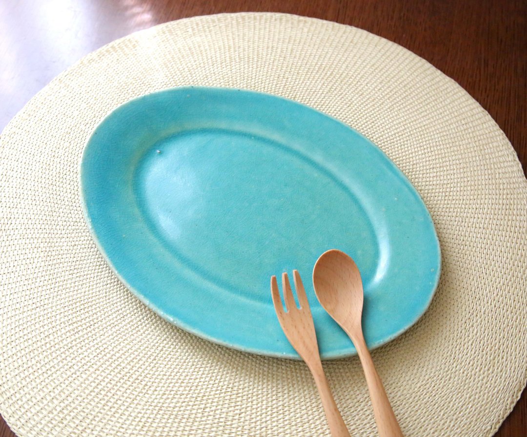 Glossy Turkish blue Turkish blue glaze oval plate - 盘子/餐盘/盘架 - 陶 蓝色