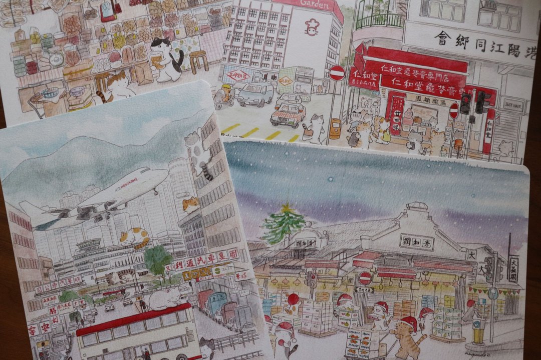 猫咪香港明信片 Set F -4张 - 卡片/明信片 - 纸 
