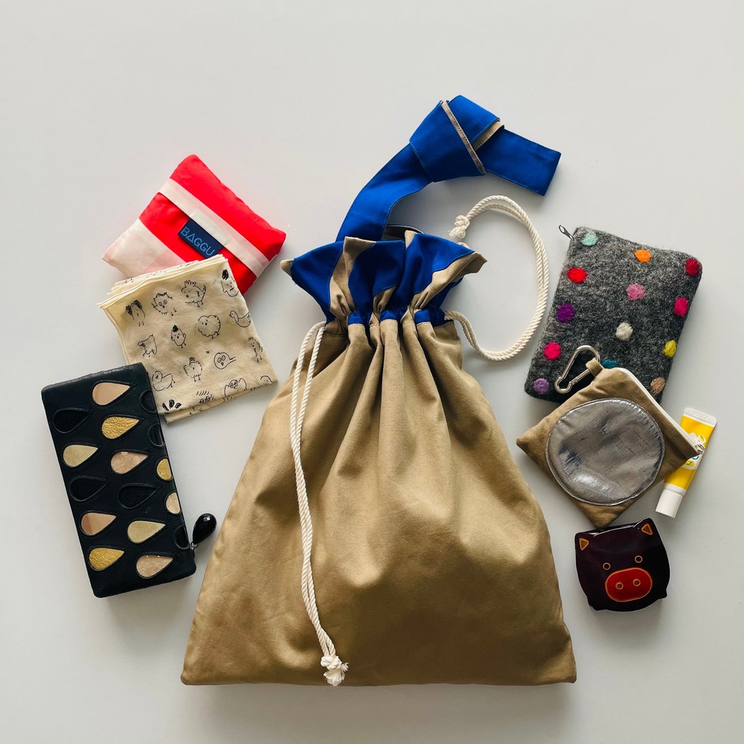 Reversible Striped Frill Kinchaku Tote Bag [Color scheme order also possible] Cotton - 侧背包/斜挎包 - 棉．麻 卡其色