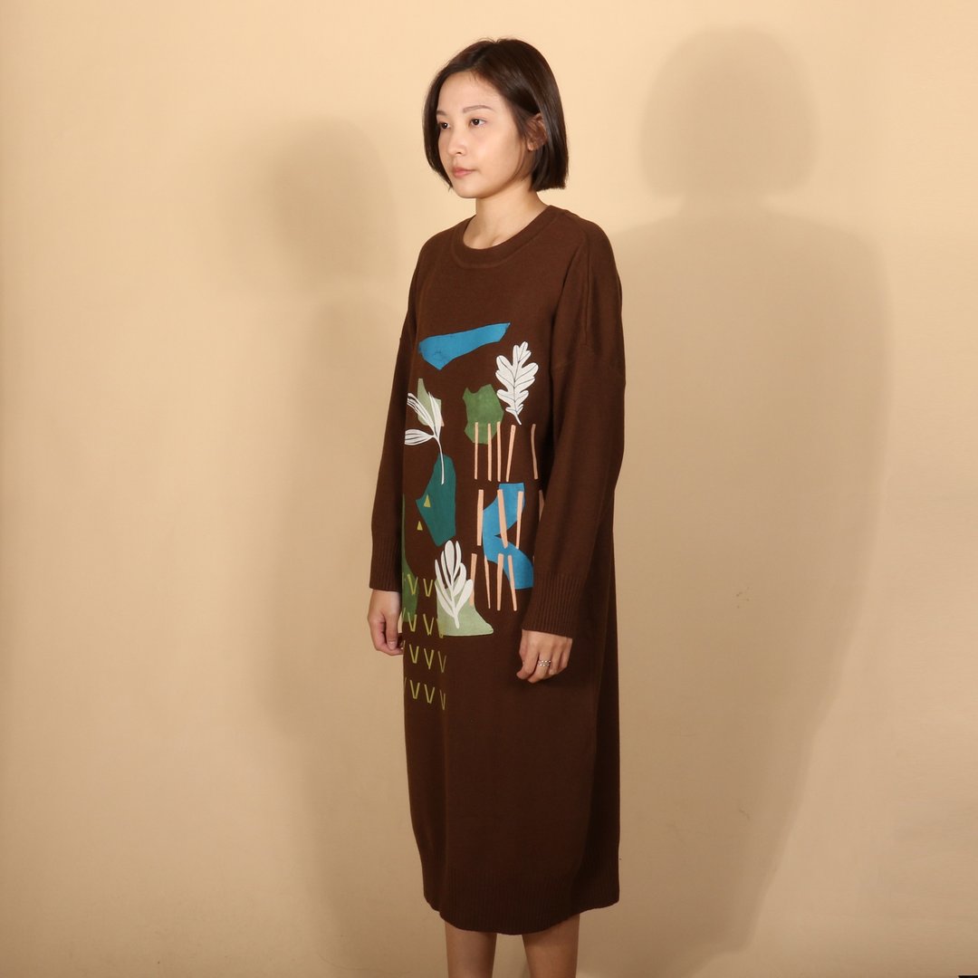 Cognoscenti 可可 针织毛衣洋装 绢印/手作/台湾设计师/花草 - 女装针织衫/毛衣 - 其他人造纤维 咖啡色