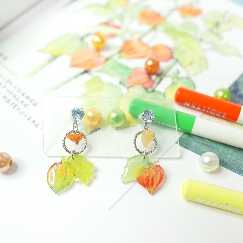 酸浆 红东菱 绘画耳环 耳夹/耳针 - 耳环/耳夹 - 防水材质 橘色