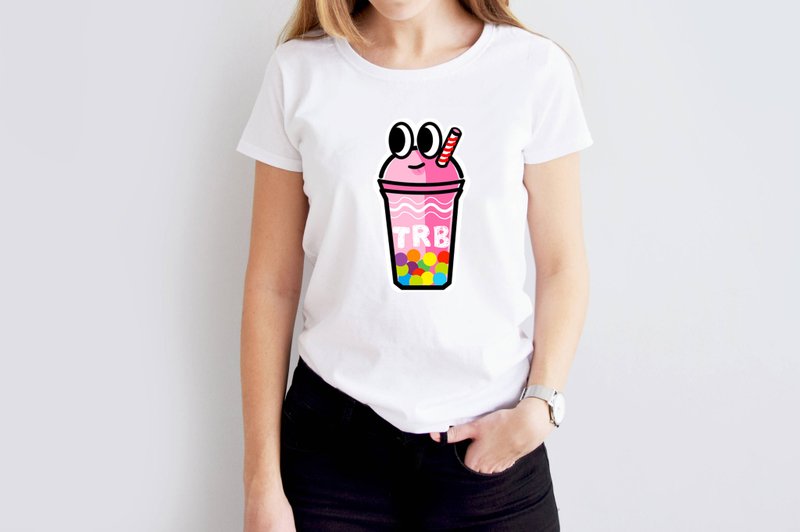 小饭团速食店  TRB草莓彩虹珍珠奶昔 白色中性短T - 男装上衣/T 恤 - 棉．麻 白色