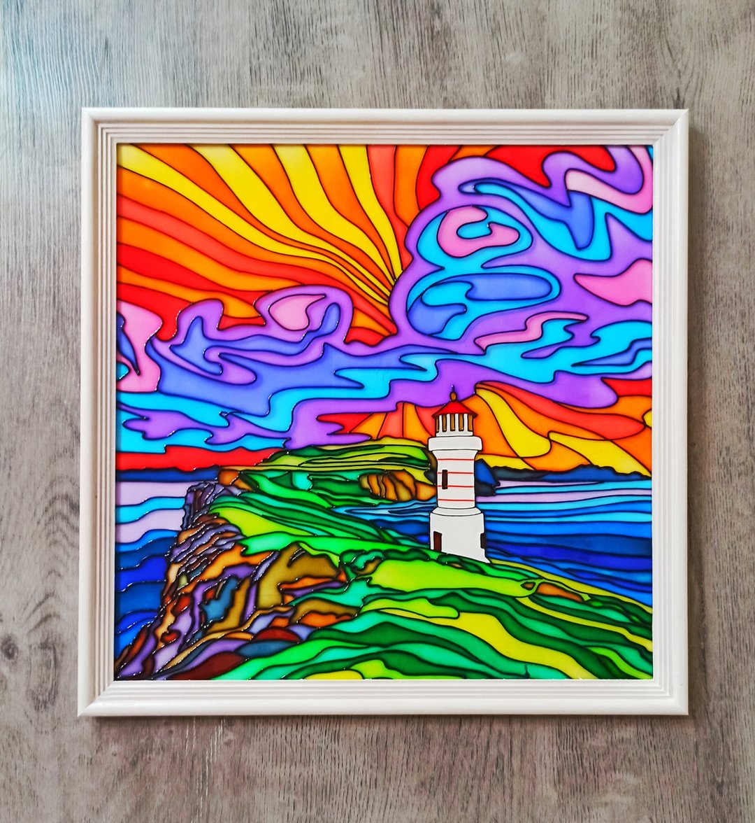 海边灯塔画美丽的日落手绘艺术彩色玻璃装饰 - 墙贴/壁贴 - 玻璃 蓝色