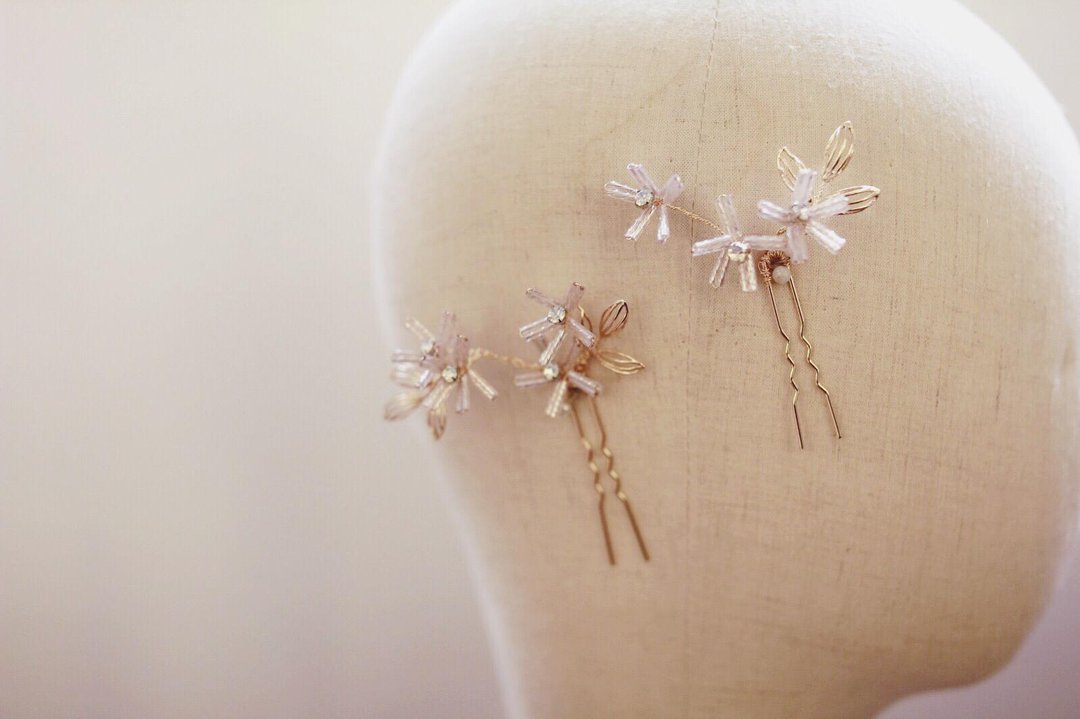 日本米珠粉红花饰, 施华洛水晶新娘头饰(2件), Bridal Headpiece - 发饰 - 水晶 粉红色