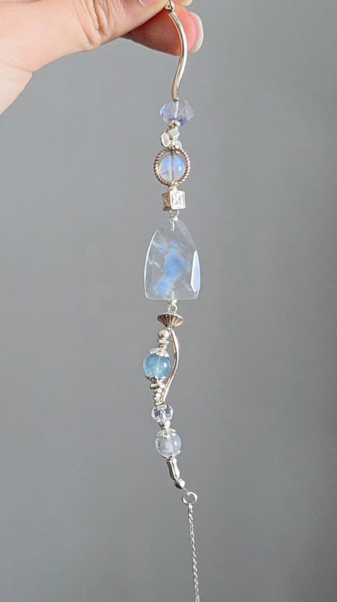 精品  蓝兔毛团 蓝线石 蓝月光 海蓝宝 925 纯银设计款水晶手链 - 手链/手环 - 水晶 蓝色