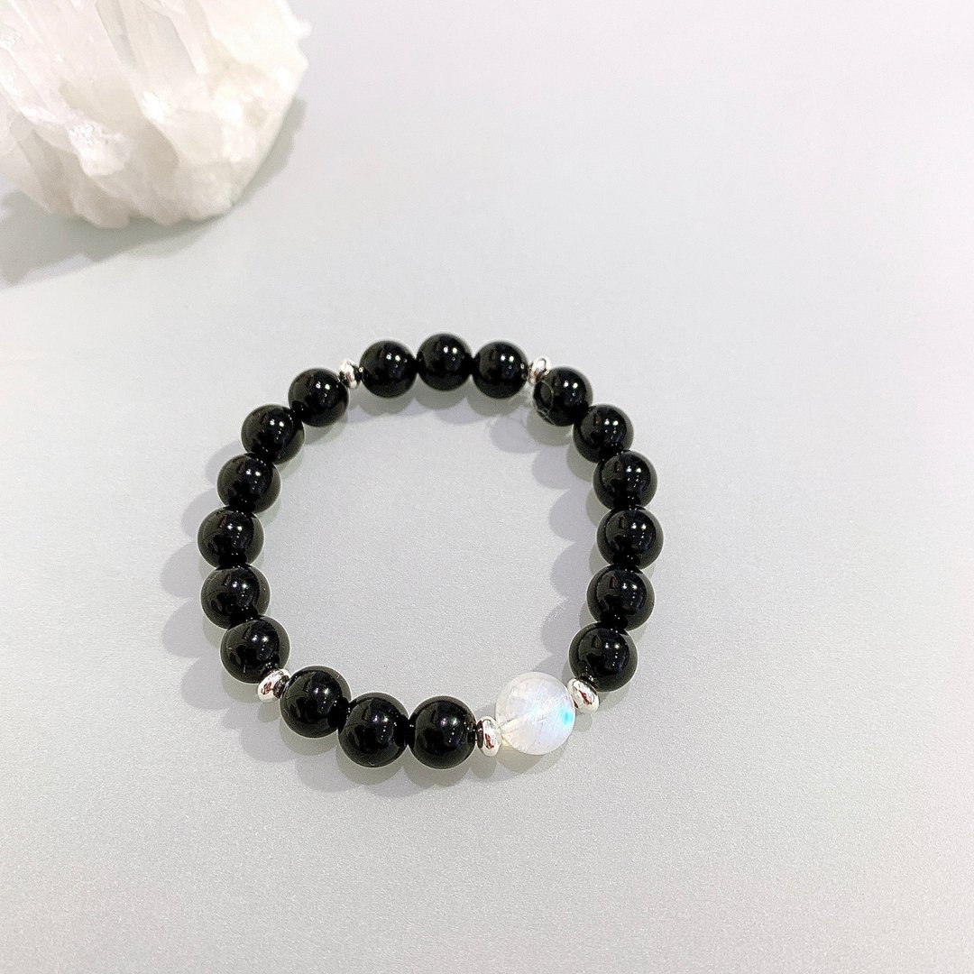 Ops Black Agate Silver bracelet-黑玛瑙/纯银/手工/月光石/中性 - 手链/手环 - 宝石 黑色