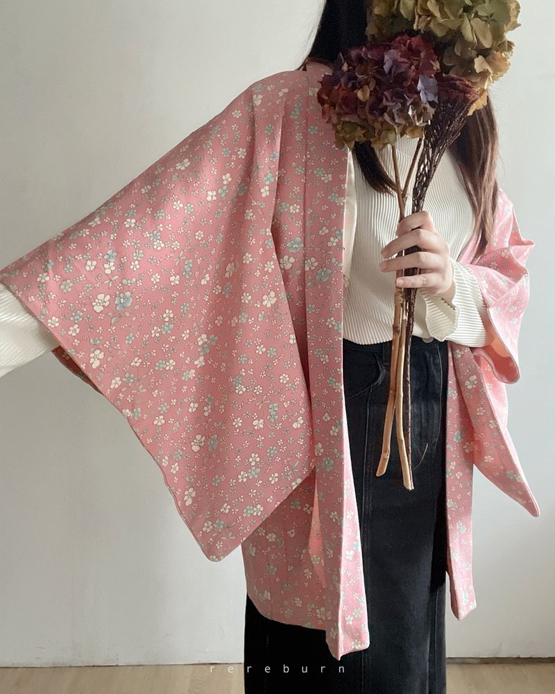 日本制和风花朵印花粉色古着羽织和服外套 - 女装休闲/机能外套 - 聚酯纤维 粉红色