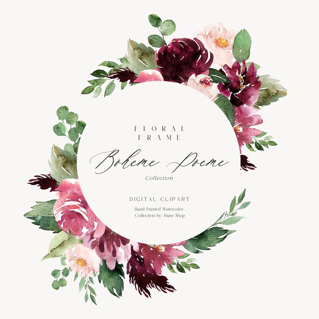 Burgundy Floral Digital Clipart, Watercolor Burgundy Blush Floral Frame - 电子手绘真人画像/绘画/插画 - 其他材质 