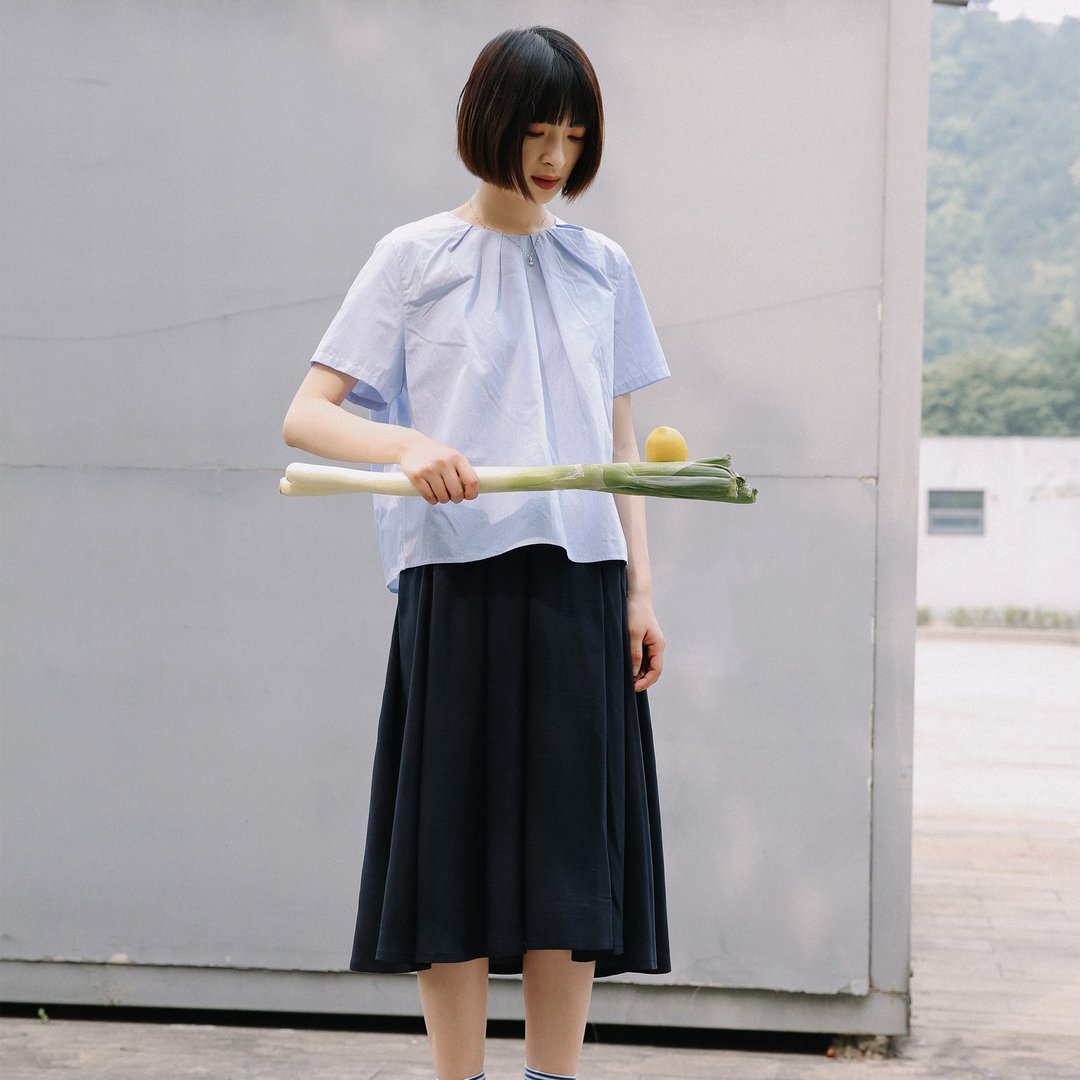 日系蓝白条短袖衬衫|衬衫|夏款|棉|Sora-297 - 女装衬衫 - 棉 