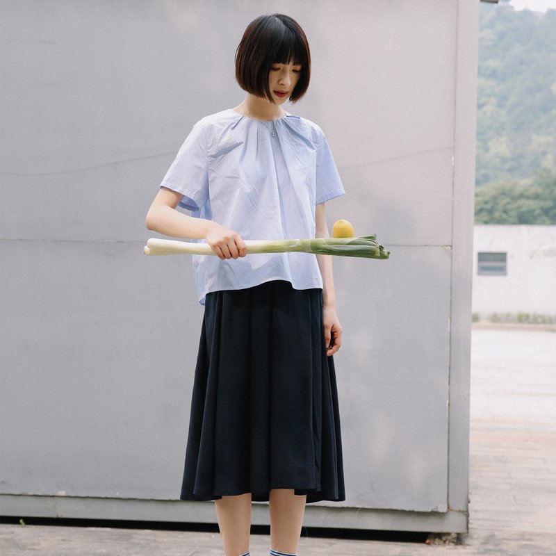 日系蓝白条短袖衬衫|衬衫|夏款|棉|Sora-297 - 女装衬衫 - 棉．麻 