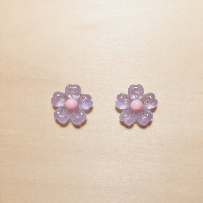 复古紫亮粉樱花耳环 - 耳环/耳夹 - 树脂 紫色