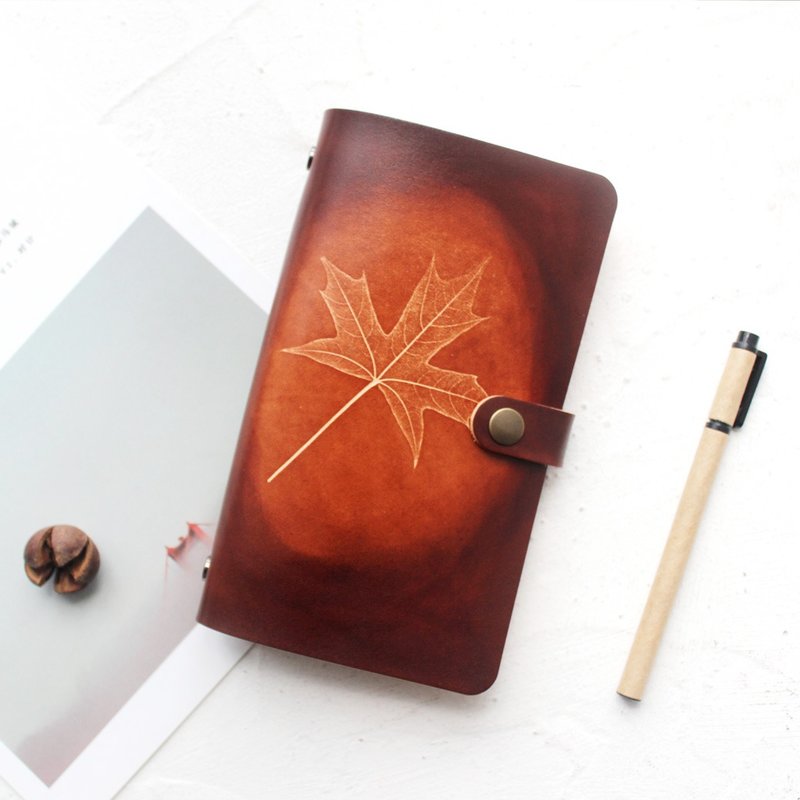 牛皮 红棕 枫叶A6活页笔记本 手帐本  手工真皮记事本免费刻字  - 笔记本/手帐 - 真皮 金色