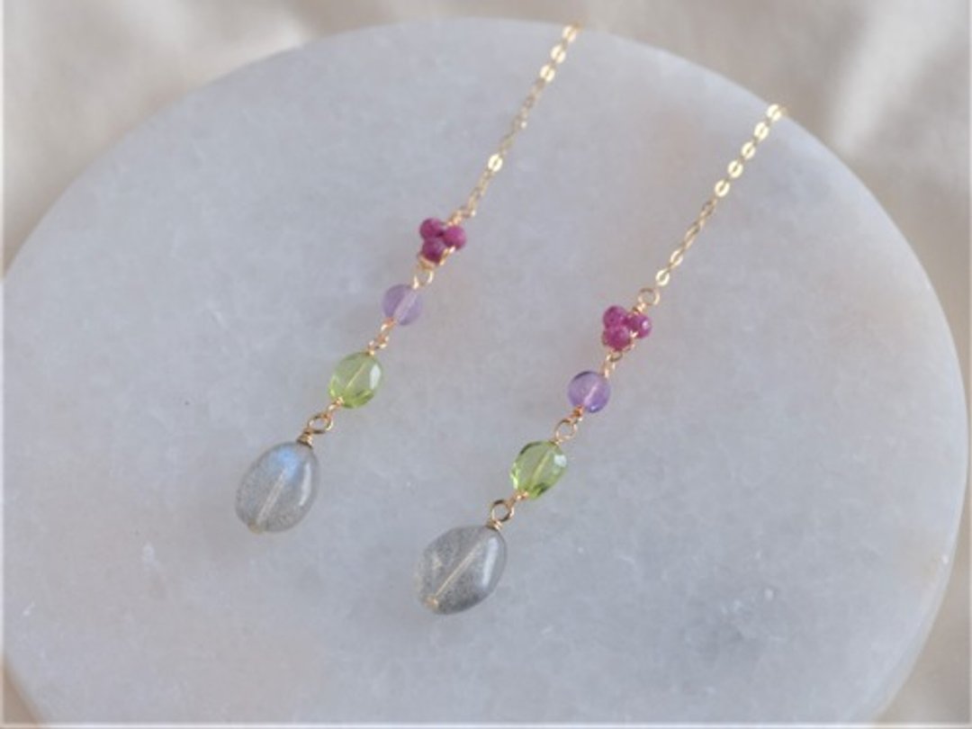 natural stone long earring ruby labradorite peridot - 耳环/耳夹 - 宝石 灰色