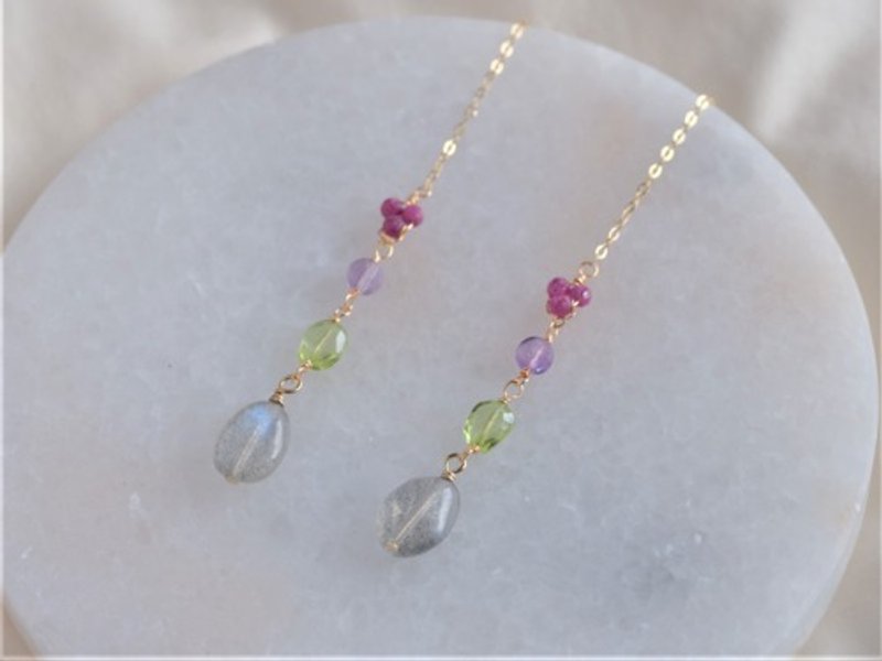 natural stone long earring ruby labradorite peridot - 耳环/耳夹 - 宝石 灰色