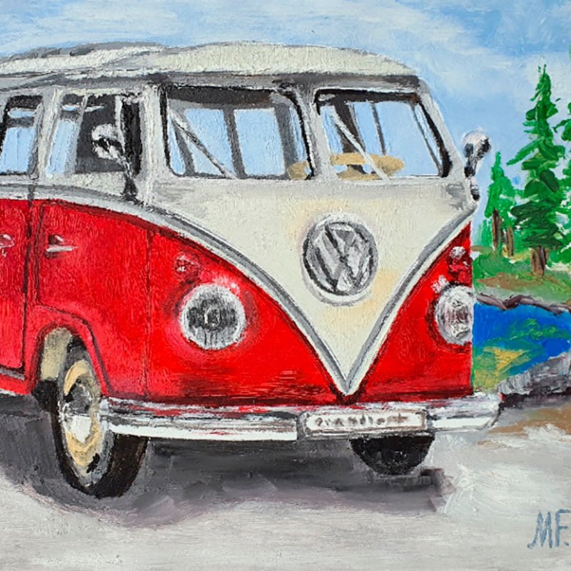 Bus Painting Volkswagen Transporter Original Art Retro Automobile Vintage Art - 海报/装饰画/版画 - 其他材质 红色
