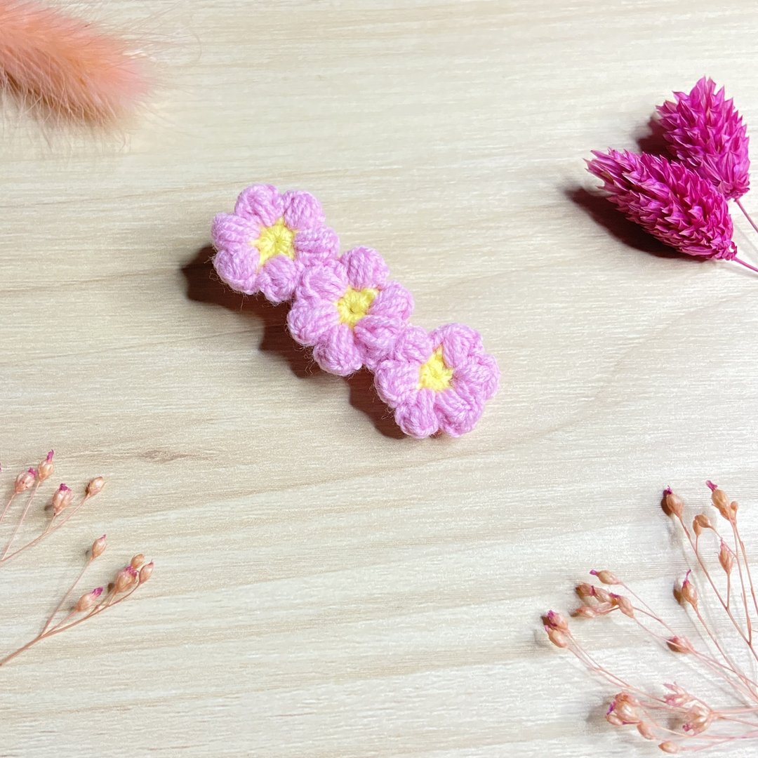 手工钩针编织 迷你泡芙花发夹/可定制/缎带全包夹 - 发饰 - 聚酯纤维 粉红色