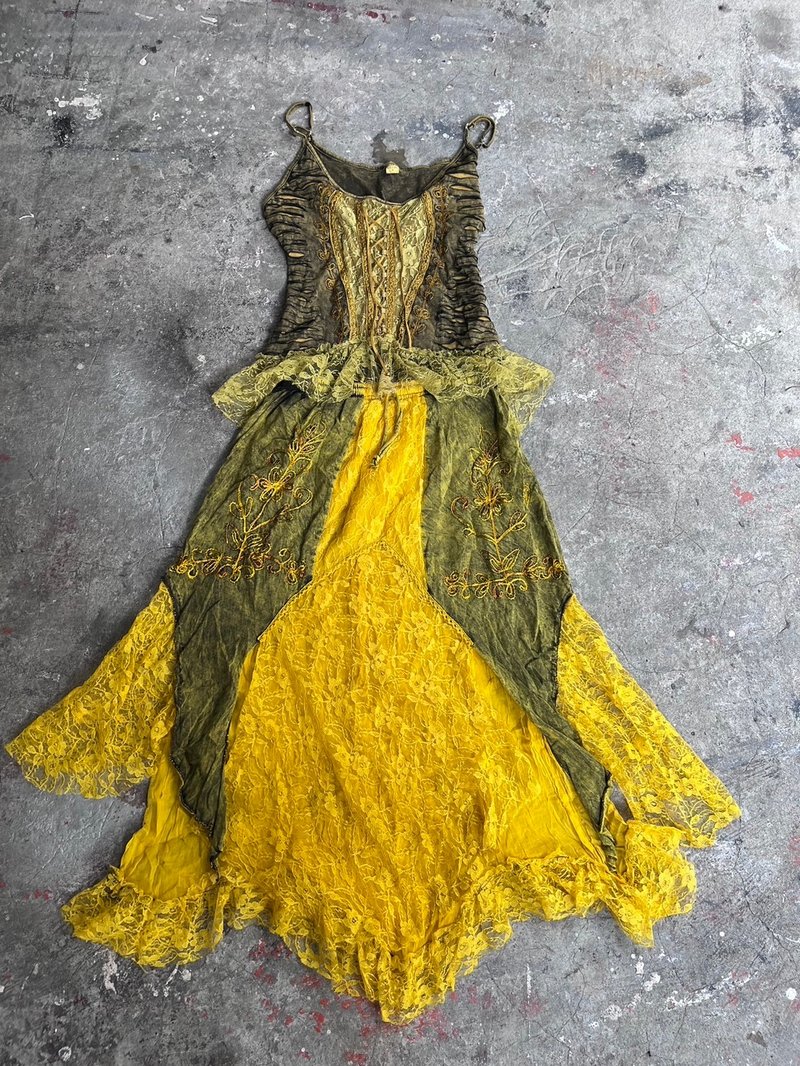 喜迎瑶 尼泊尔 植物染 刺绣背心 蕾丝拼接裙 长裙 民族风 嬉皮 - 裙子 - 棉．麻 黄色