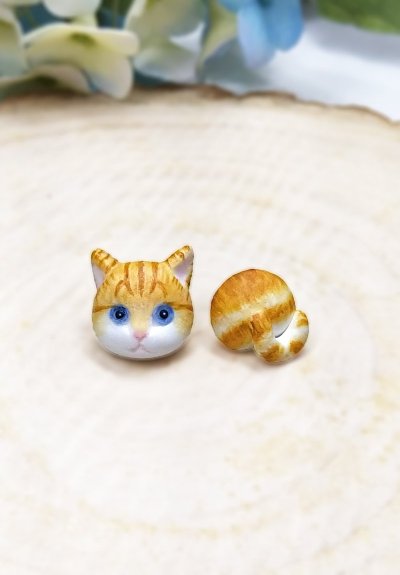 全手作 橘猫+屁屁 耳环 防敏感耳针 耳钉/耳夹 (大橙纹) - 耳环/耳夹 - 粘土 灰色