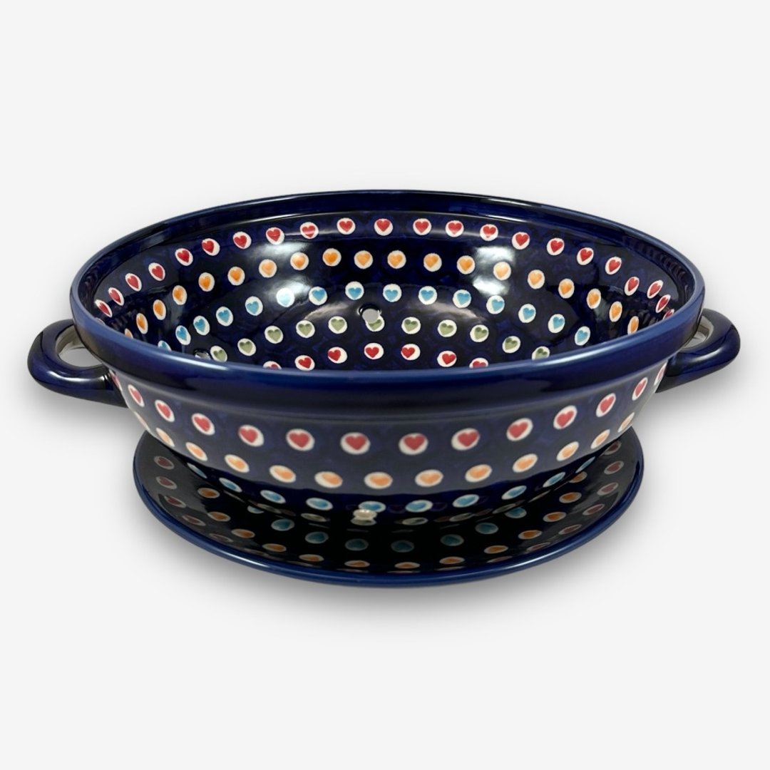 波兰手绘手工陶-沥水篮(含底盘) 28cm 文青彩心系列 设计师款 - 盘子/餐盘/盘架 - 陶 蓝色