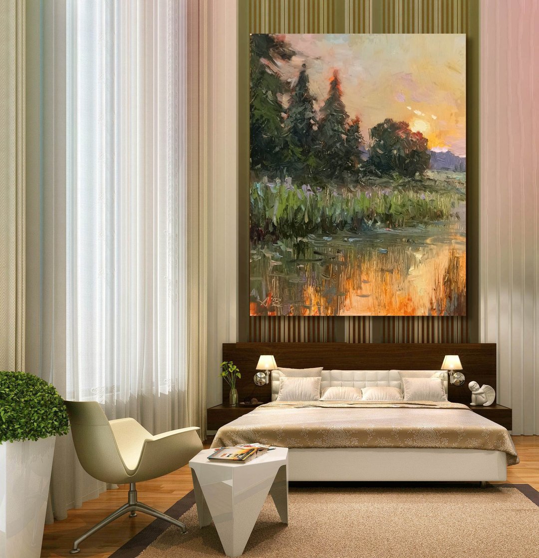Nature Landscape Lake Original Oil Painting for a Wall Living Room Wall Decor - 墙贴/壁贴 - 亚麻 绿色