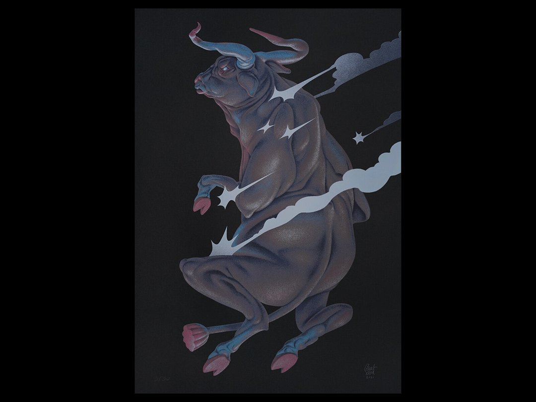 OX - 手工网版印刷在 NT Rasha 黑纸上，尺寸 42 x 60 厘米。 - 海报/装饰画/版画 - 纸 黑色