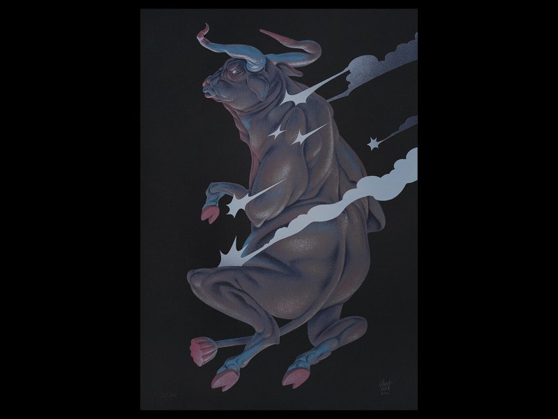 OX - 手工网版印刷在 NT Rasha 黑纸上，尺寸 42 x 60 厘米。 - 海报/装饰画/版画 - 纸 黑色