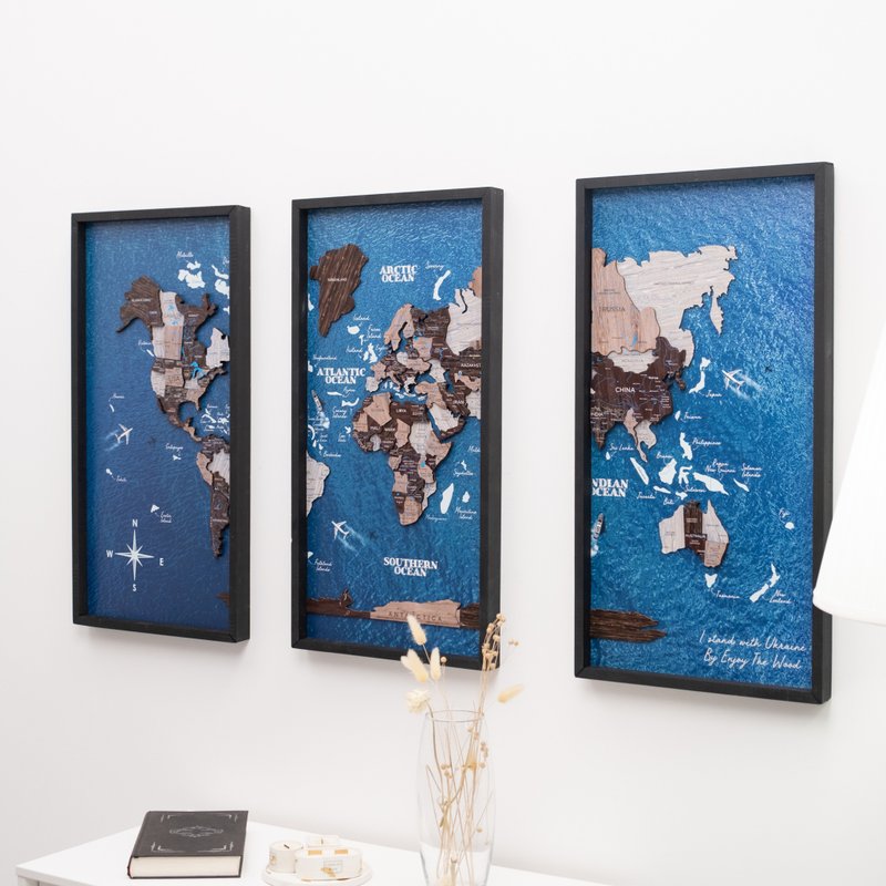 三联壁画 3 幅世界地图 3D 木制世界地图 3 件套壁画 - 墙贴/壁贴 - 木头 咖啡色