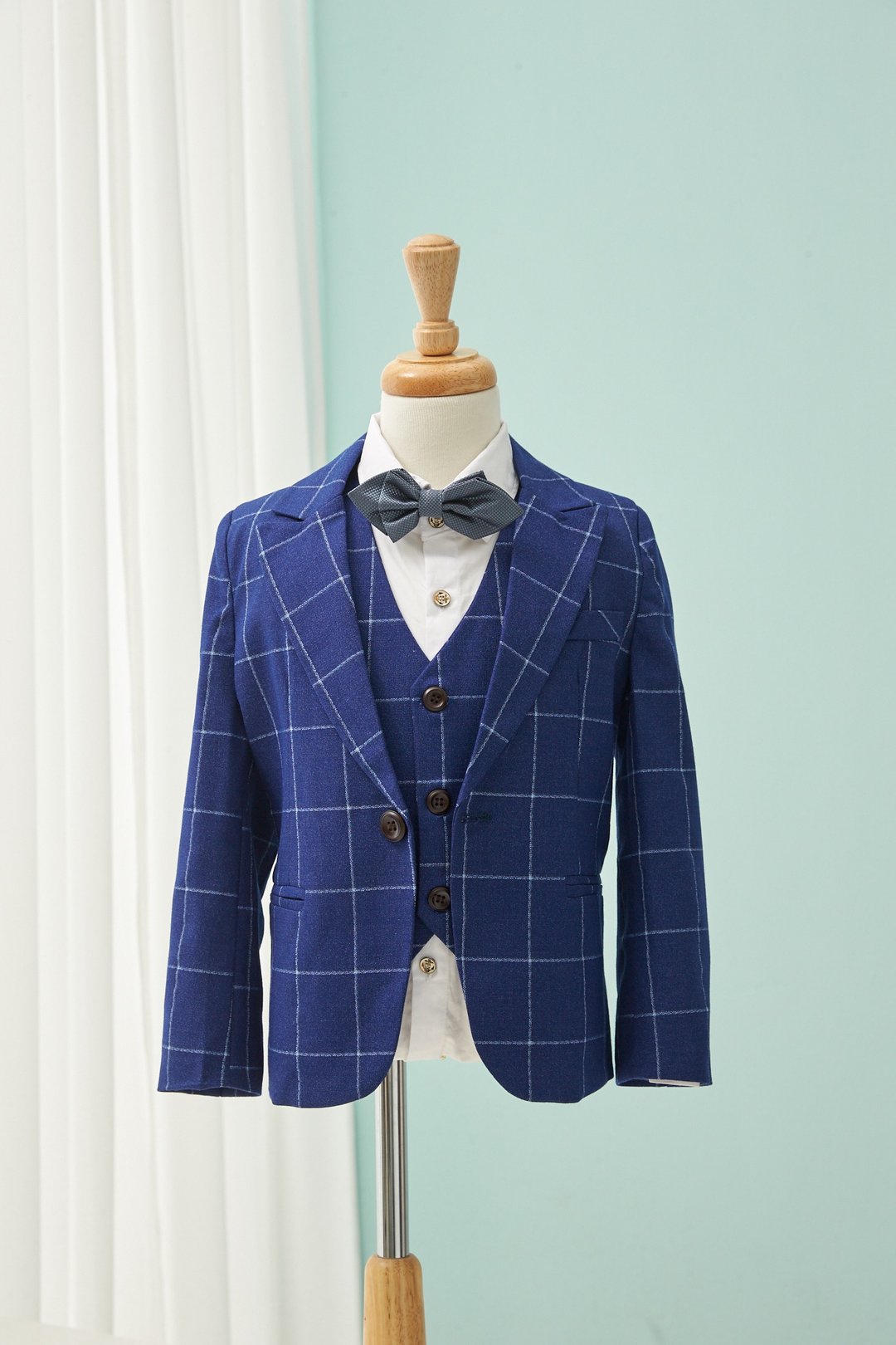 HAO.HAO kids 大方格纹西装-白格纹宝蓝(三件组) - 童装礼服/连衣裙 - 其他材质 蓝色
