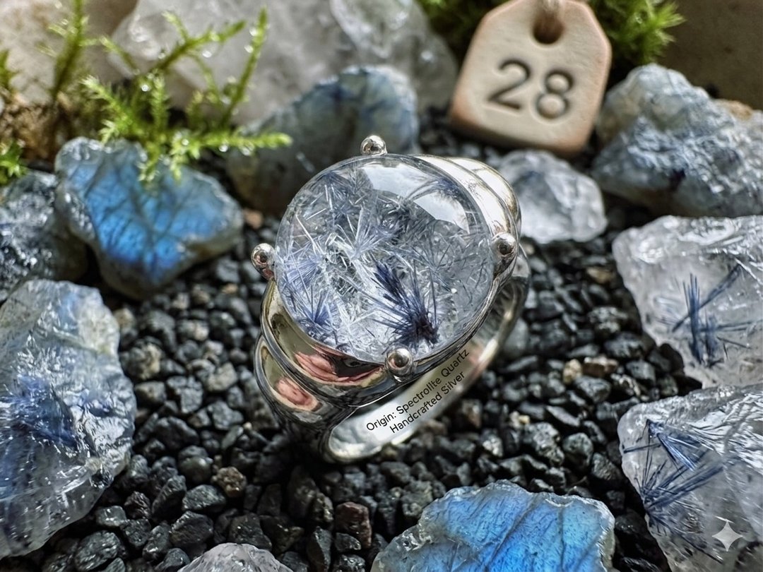 蓝线石 蓝发与晶中晶共生水晶 s 925银戒 - 戒指 - 水晶 
