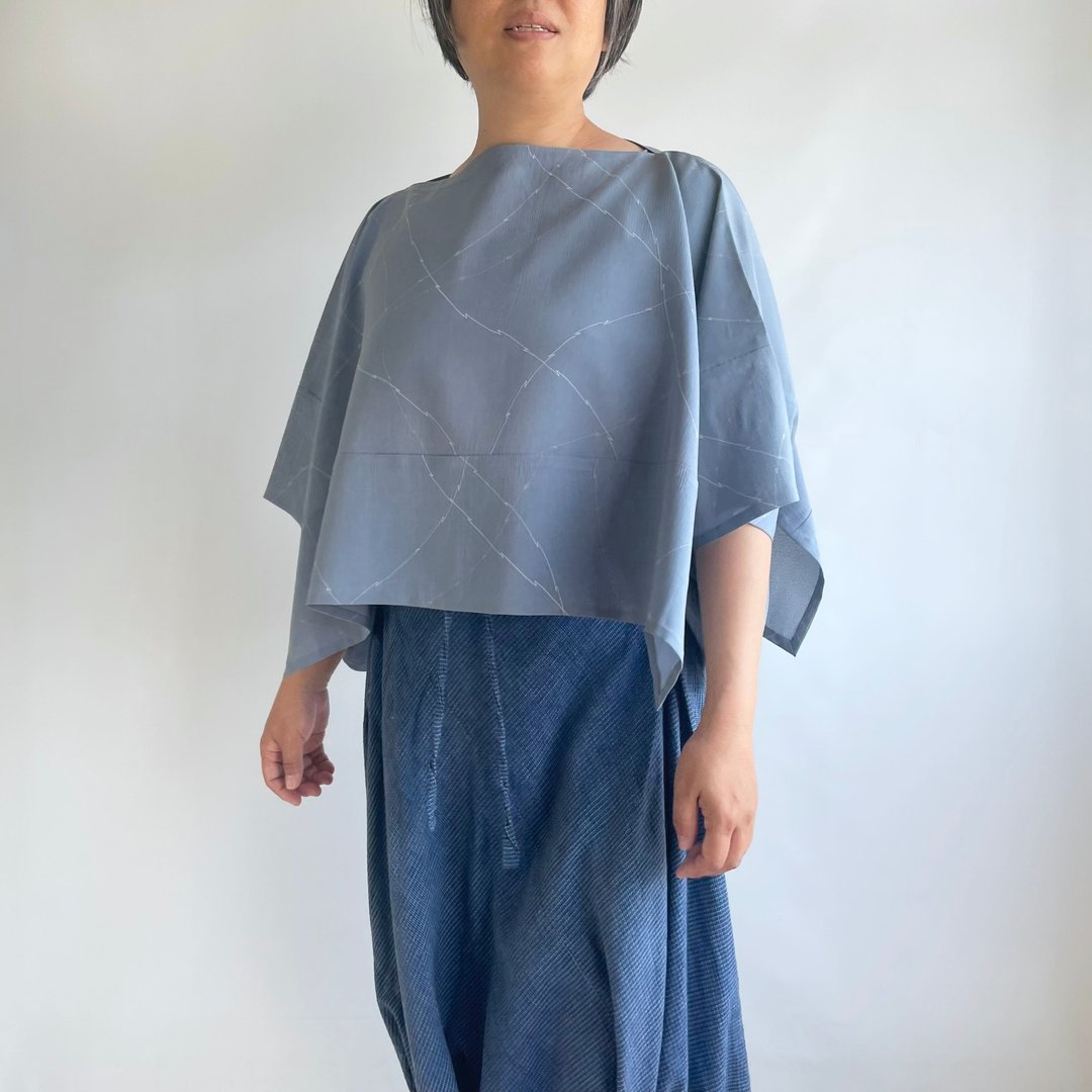 【独一无二】短版和服袖套头罩衫 - 正绢 絽 灰绀 抽象线纹 - 女装上衣 - 丝．绢 灰色