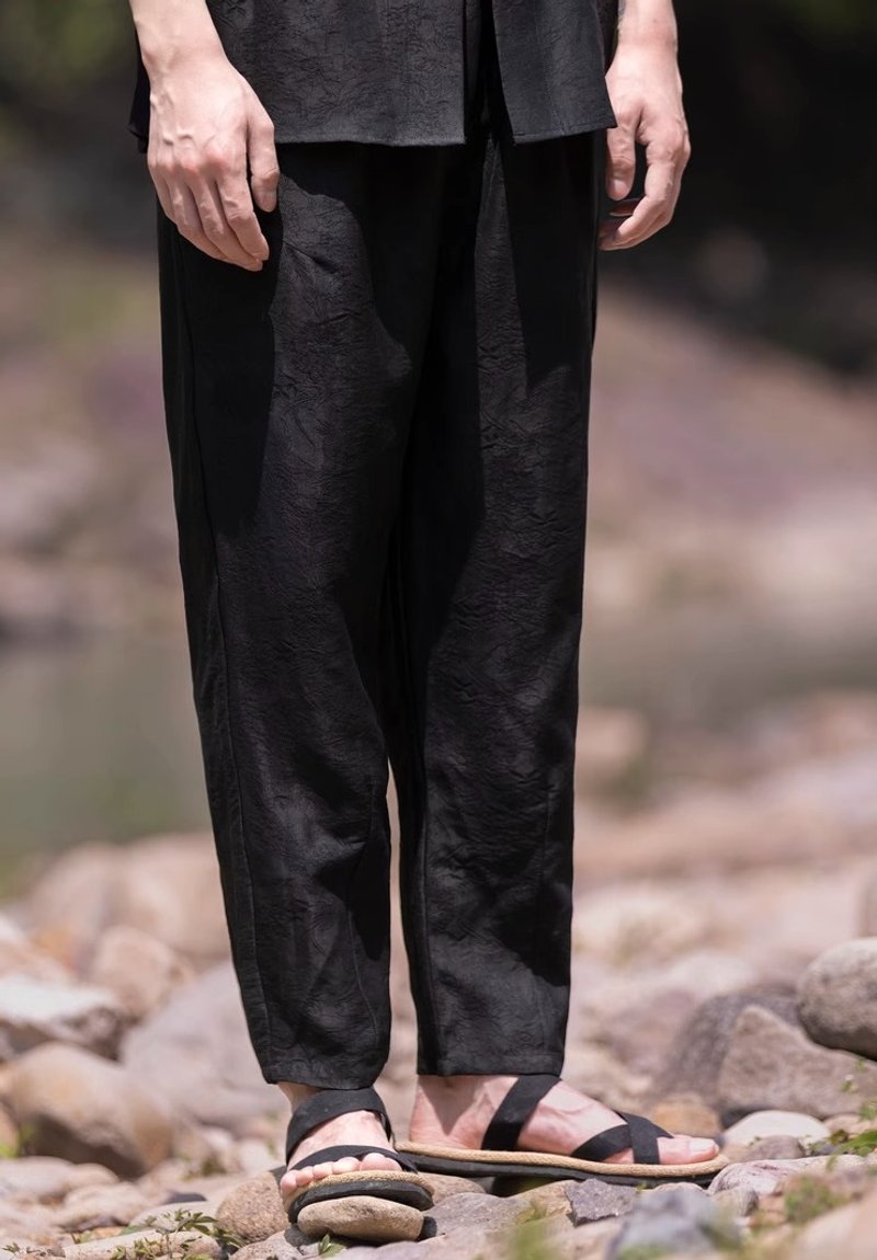 新中式极简 暗纹香云纱真丝长裤 - 男士长裤 - 其他材质 黑色