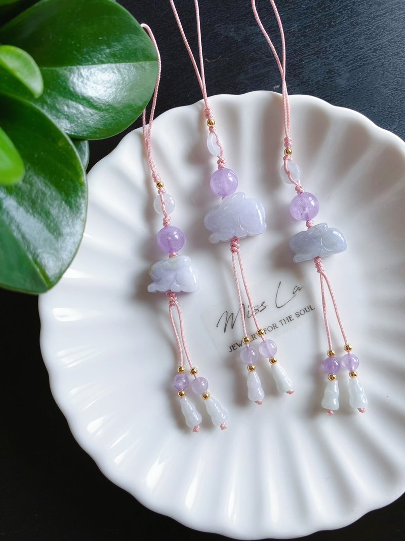 天然缅甸玉翡翠 紫翡兔 紫水晶 心想事成 吉祥如意 包挂 手 - 挂绳/吊绳 - 玉石 紫色