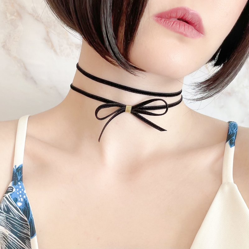 黑色 / 双层丝绒缎带颈链 SV138BK - 颈链 - 聚酯纤维 黑色