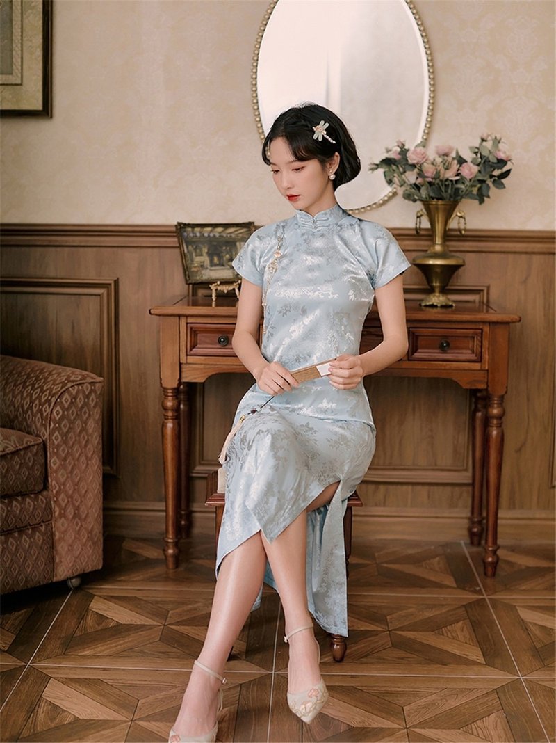 青灰 清夢 平裁無省一片式開襟古法旗袍 改良新中式國風洋裝禮服 - 旗袍 - 聚酯纤维 绿色