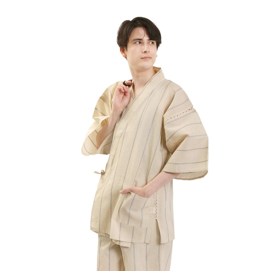 日本 和服 男士 绵麻 甚平 休闲服 睡衣 成套组 M L LL wn31 - 居家服/睡衣 - 棉 白色