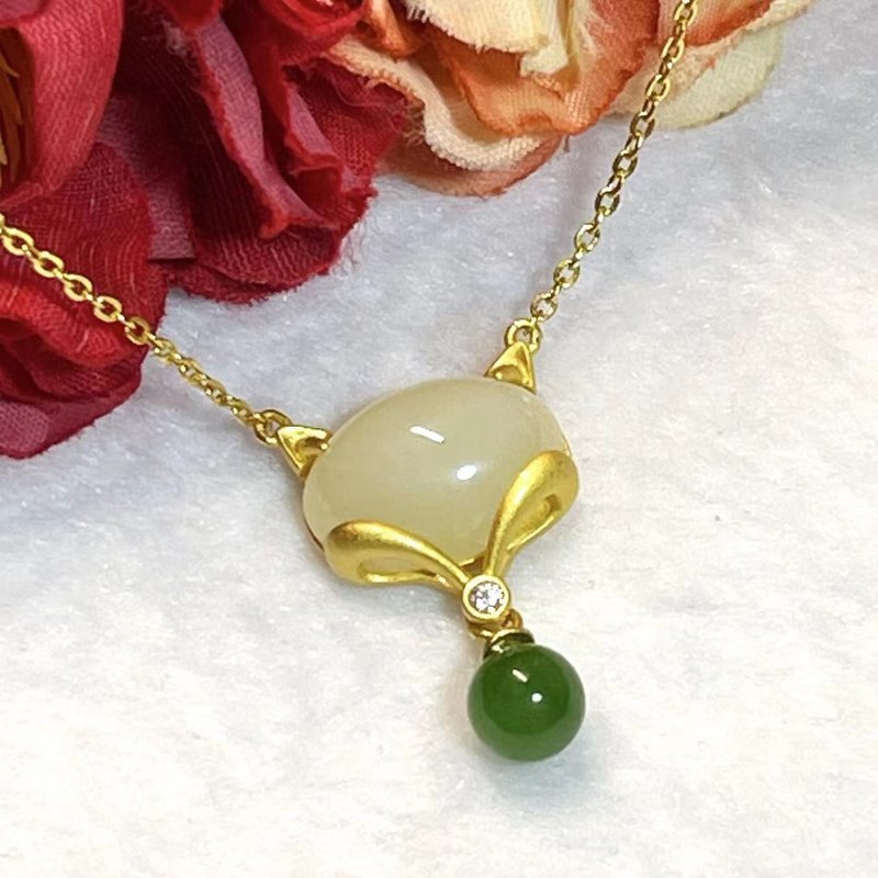 多宝晶石/天然和田玉狐狸锁骨链//九尾狐/和田碧玉/和阗玉/附证书 - 项链 - 玉石 绿色