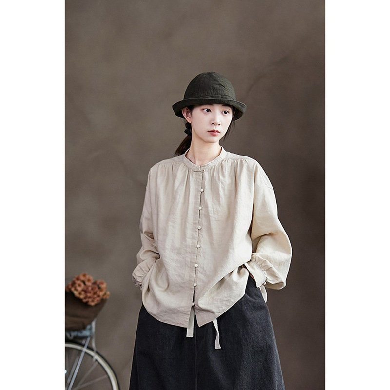 香米色亚麻宽松质感休闲中式衬衫 - 女装衬衫 - 棉．麻 